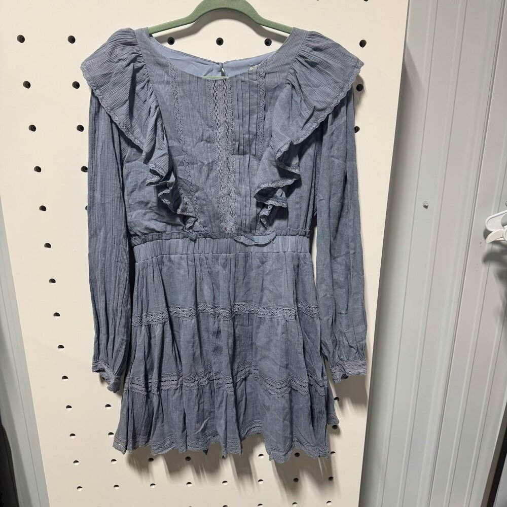 Just Me Dusty Blue Long Sleeve Dress w/ button down back